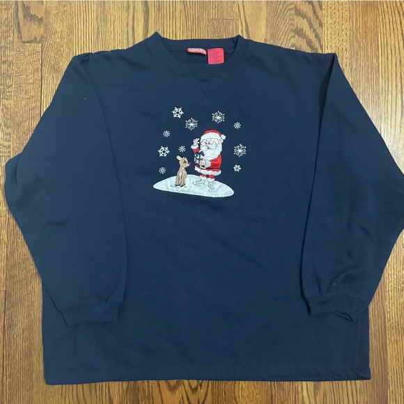 Rudolph Santa Navy Embroidered Christmas Sweatshirt Open Hem Size XL - Picture 1 of 7
